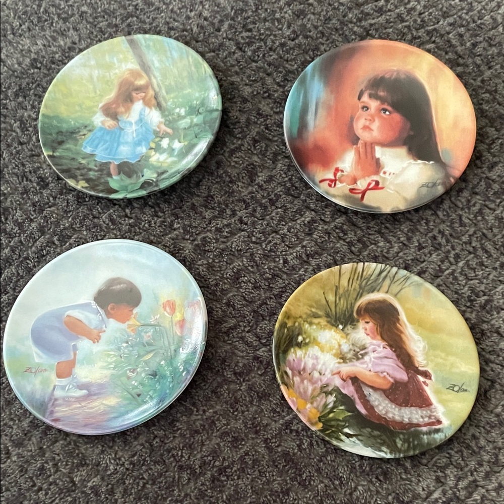 Set of Four Mini Decorative Plates with Children Illustrations Donald Zolan
